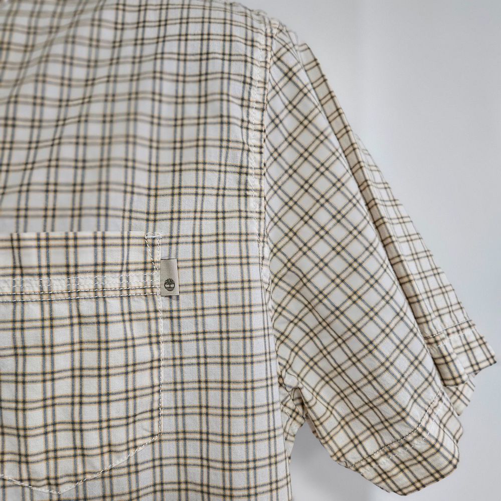 Timberland Size L Regular Fit Short Sleeve Ivory Green Plaid Button Front Shirt - Picture 5 of 6